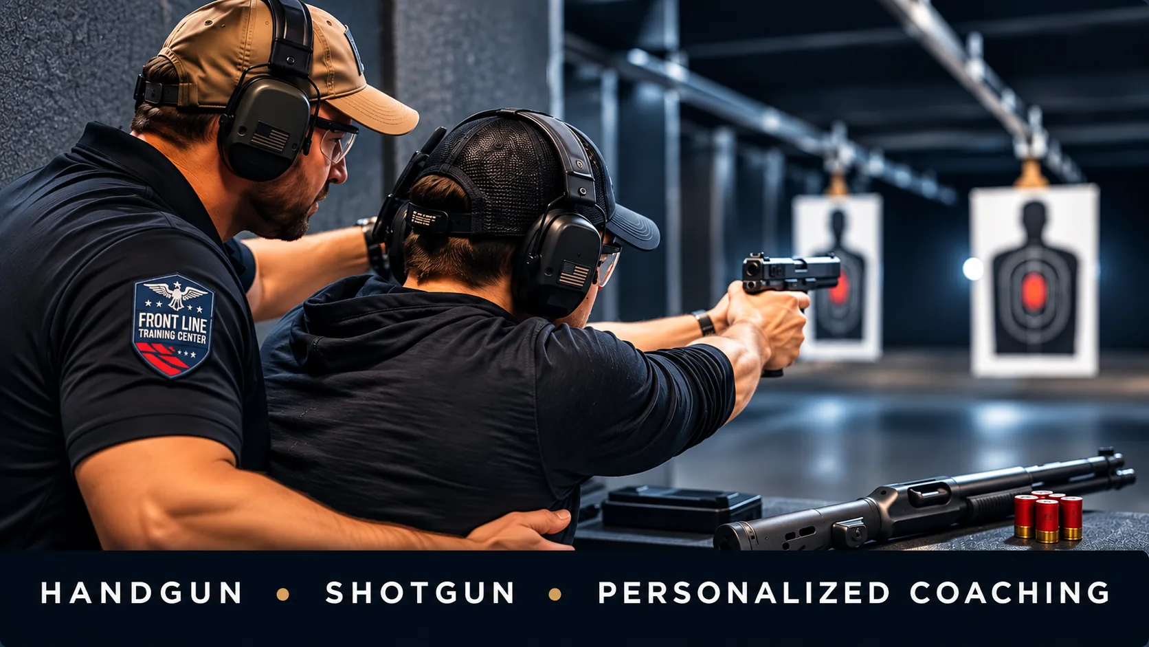 One-on-one handgun and shotgun instruction at an indoor shooting range